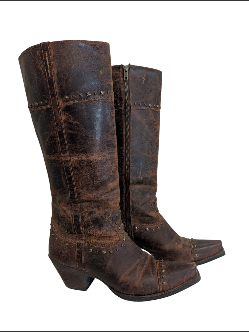 Ariat Studded Western Boots Womens 9 Brown Distressed Leather Snip Toe Cowgirl